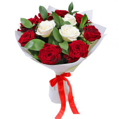 Stylish bouquet of of 3 white and 8 red roses, wrapping paper and greenery. Delivery to Sofia, Plovdiv, Varna, Burgas.