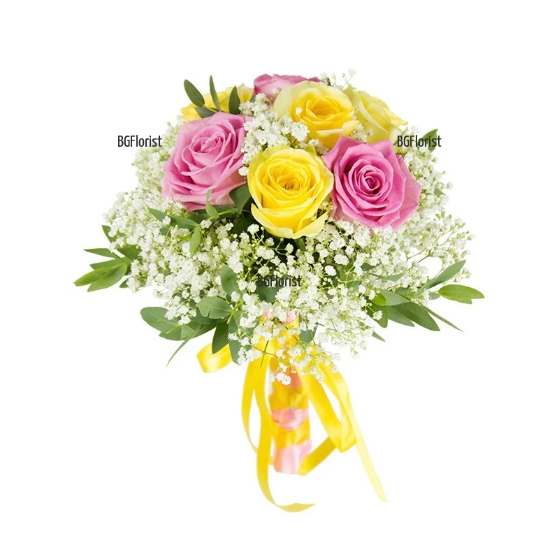 Send bouquet of pink and yellow roses to Sofia.