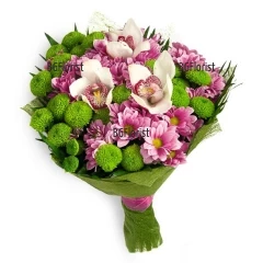 A classical bouquet of diversive flowers in mellow colours, arranged with plenty of greeneries and delicate wrapping.