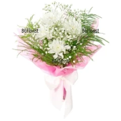 Send bouquet of white chrysanthemums and greenery