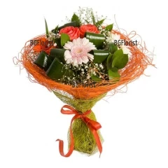 Refined, impressive bouquet of gerberas, roses and a lot of greenery.