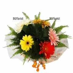 Glamorous bouquet of 5 gerberas in different colours and a lot of fresh greenery.
