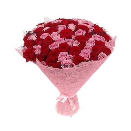Send bouquet of 101 red and pink roses to Bulgaria