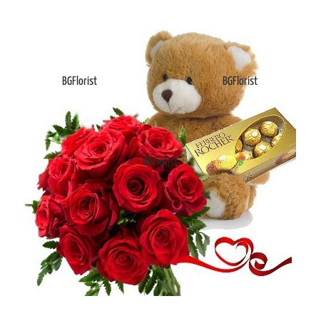 Send romantic set of flowers and gifts by courier.