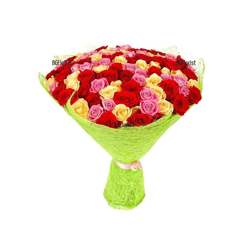 Send bouquet of 101 roses of different colours  by courier to the address