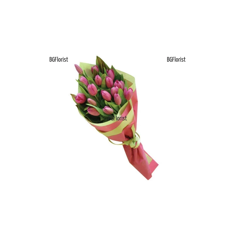 Order bouquet of pink tulips and grenery