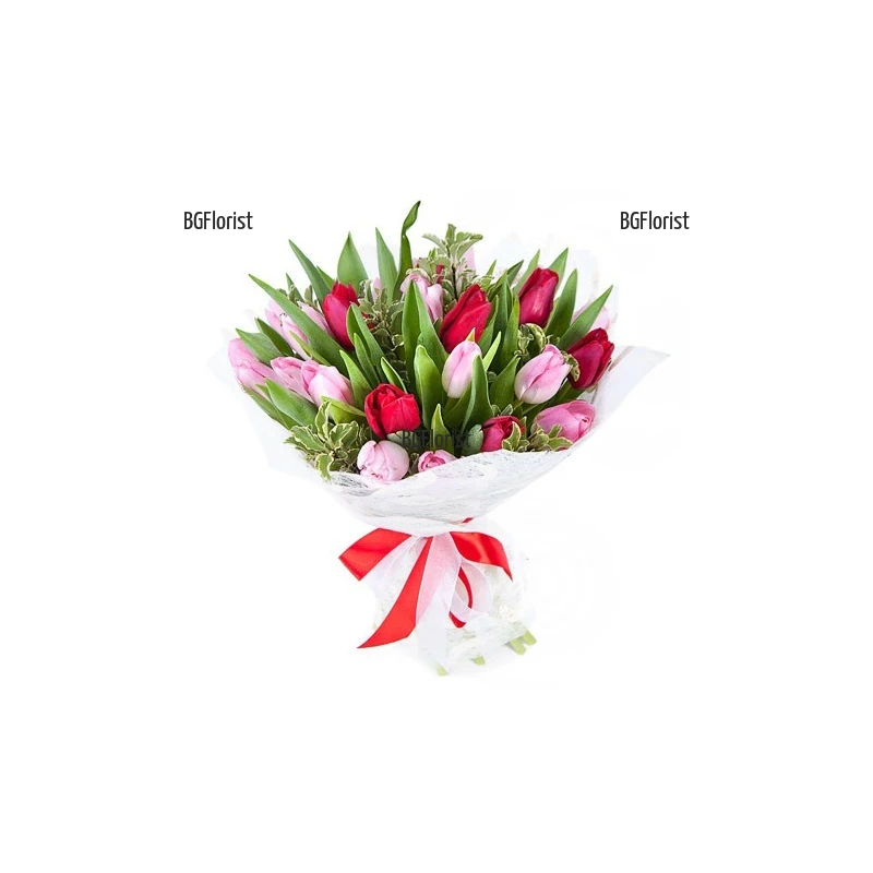 Order and send bouquet of pink and red tulips by courier