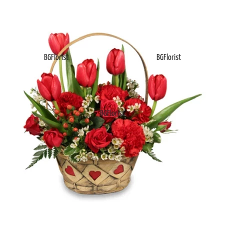 Order romantic basket with roses and tulips to Sofia