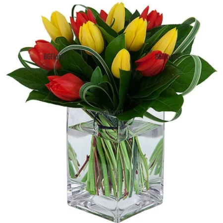 Order and send  tulips in glass vase to Sofia