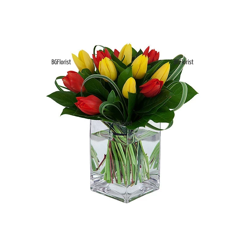 Order and send  tulips in glass vase to Sofia
