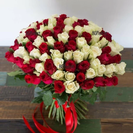 Bouquet of 101 white and red roses