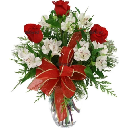 An online order and a delivery of bouquet of alstroemerias and roses to Sofia