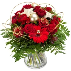 Send a bouquet of roses and Christmas decoration.