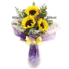 Beautifu, original bouquet of sunflowers, various greenery and wrapping - lovely bouquet, perfect gift for all recipients and occasions.