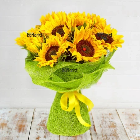 A bouquet of sunflowers and wrapping