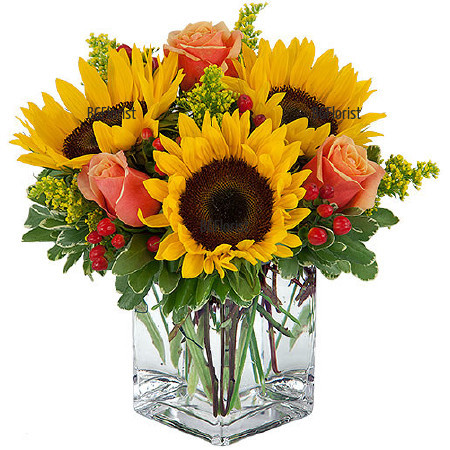 Flower delivery - an arrangement of  sunflowers and roses  to Sofia.