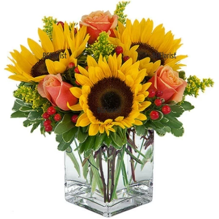 Flower delivery - an arrangement of  sunflowers and roses  to Sofia.