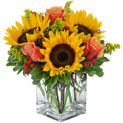 Beautiful, bright arrangement, perfect gift for every home, recipient and occasion. Let the summer be part of your day with this arrangement in glass cube - colourful flowers - sunflowers, roses and greenery.