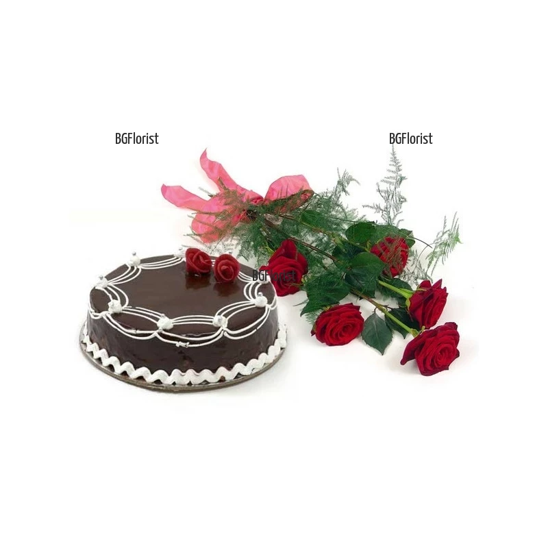 An order and a delivery of roses bouquet and a cake.