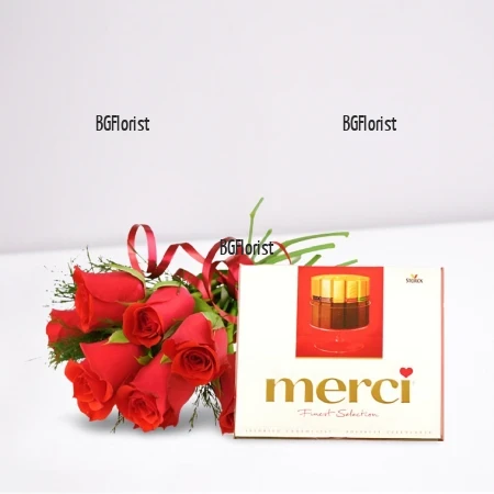 Send a bouquet of roses and Merci chocolates