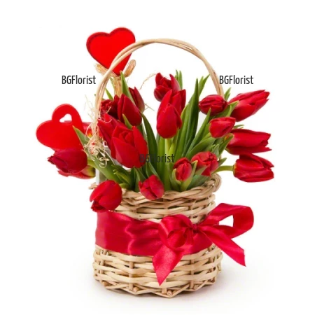 An online order for a basket with red tulips.