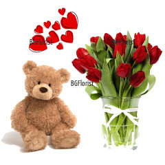 A bouquet of tulips and a Teddy Bear