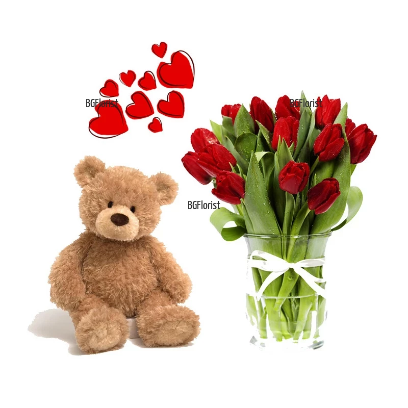 A bouquet of tulips and a Teddy Bear
