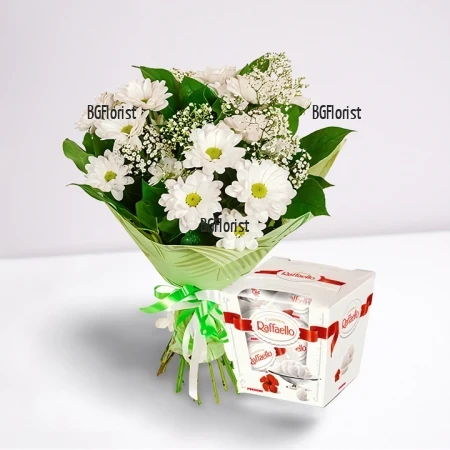 Send a bouquet of chrysanthemums and Raffaello chocolates