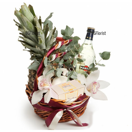 Send a basket with flowers, gifts and fruits.