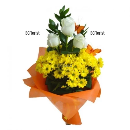 Send a bouquet of white roses and yellow chrysanthemums.