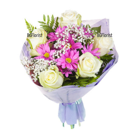 Send a bouquet of white roses and pink chrysanthemums.
