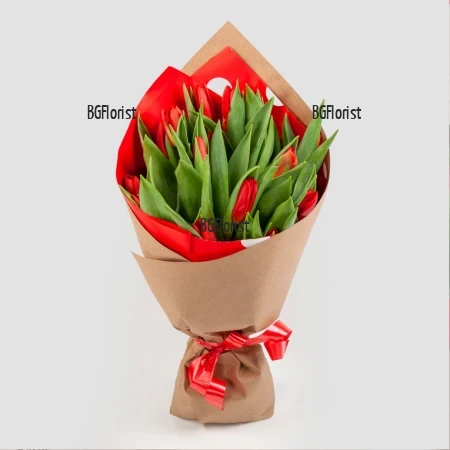 Send  fresh bouquet of scarlet tulips to Bulgaria