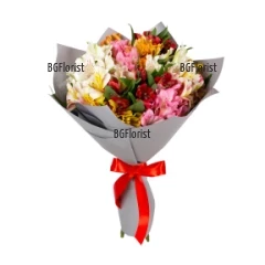 Beautiful, fresh and colorful bouquet of tender alstroemerias /lilies of the Incas/, wrapped and tied with a ribbon to complete its perfect look
