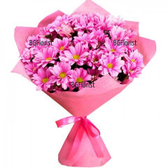 Очарователен букет, аранжиран от китни хризантеми в мека розова тоналност. Опаковката на цветята е съобразена в сходен цвят за изцяло завършен ефект.
