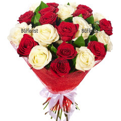 Send flowers - a bouquet of 35 white and red roses.