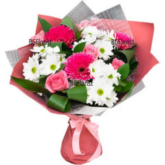 Order online and send to Bulgaria lovely bouquet in delicate tones, arranged by roses, chrysanthemums and gerberas.