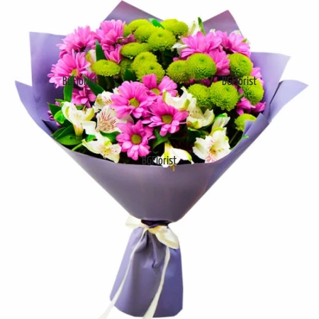 Low-cost bouquet of chrysanthemums and flowers