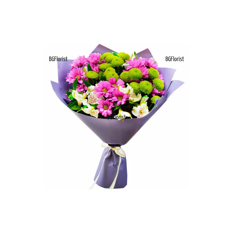 Low-cost bouquet of chrysanthemums and flowers