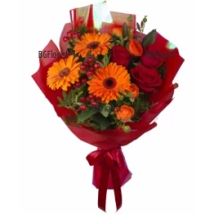 Bouquet of gerberas and roses in bright colors