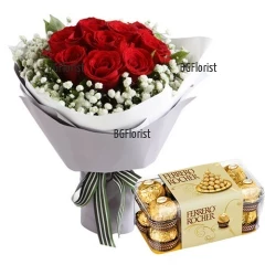 Букет от 9 червени рози и бонбони Ferrero