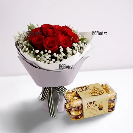 Букет от 9 червени рози и бонбони Ferrero