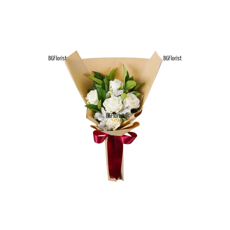 Delivery of a bouquet of white roses and flowers