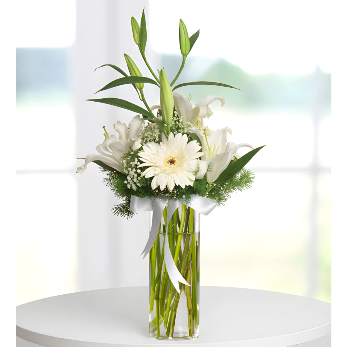Send bouquet of white gerberas, alstroemerias, lilies to Sofia