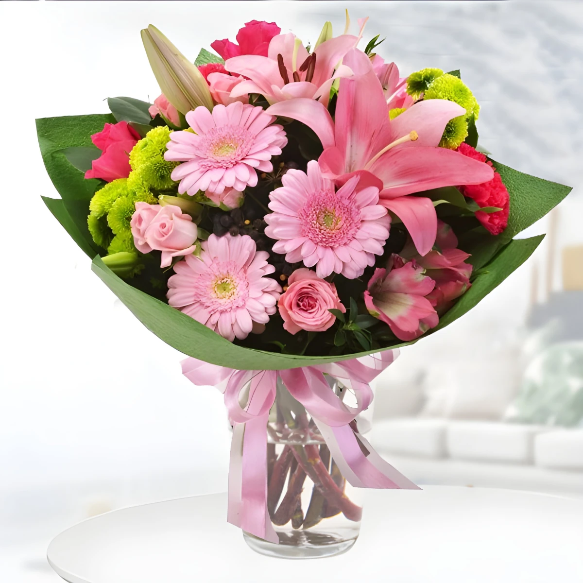 Send bouquet of various pink flowers