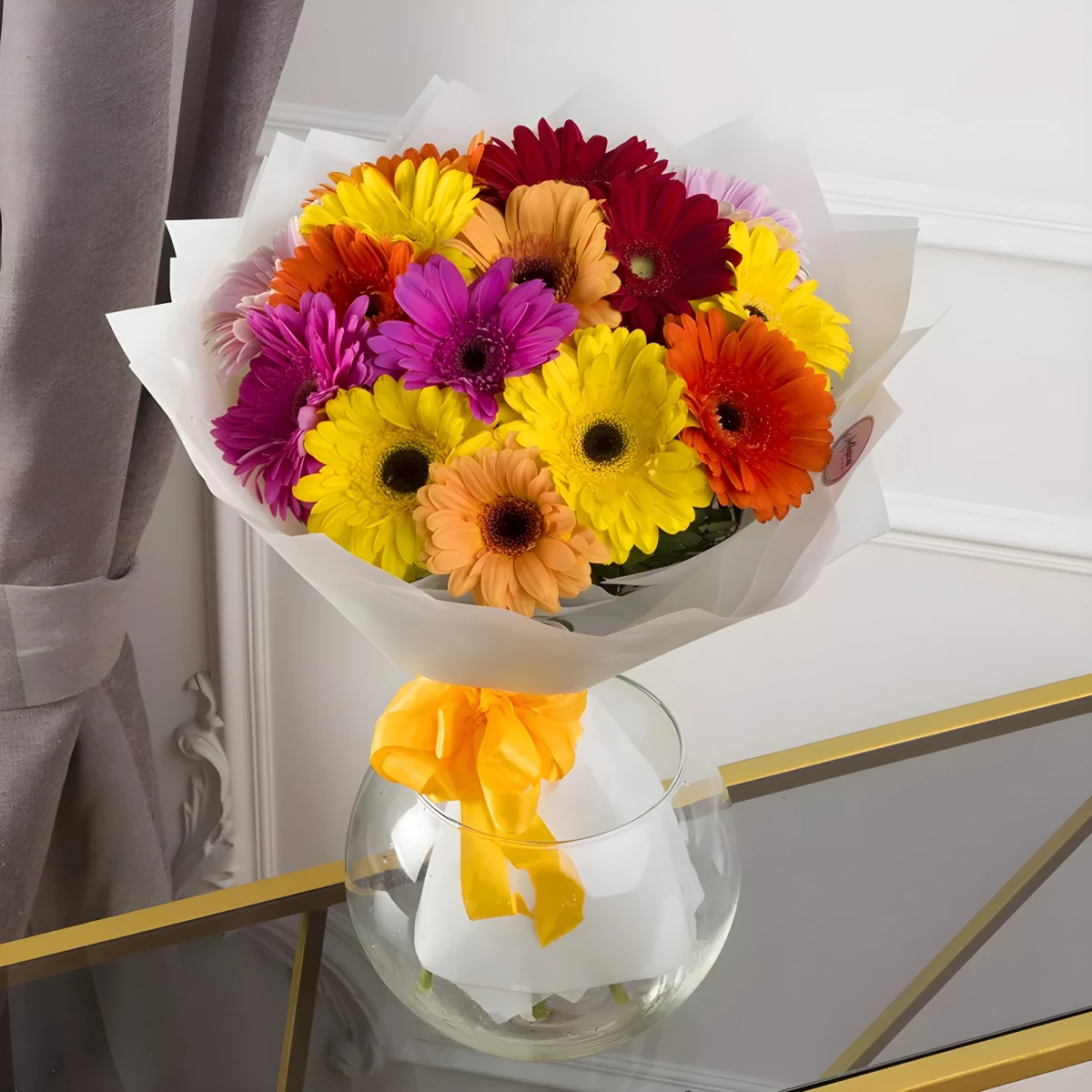 Send bouquet of mixed greberas in glass vase