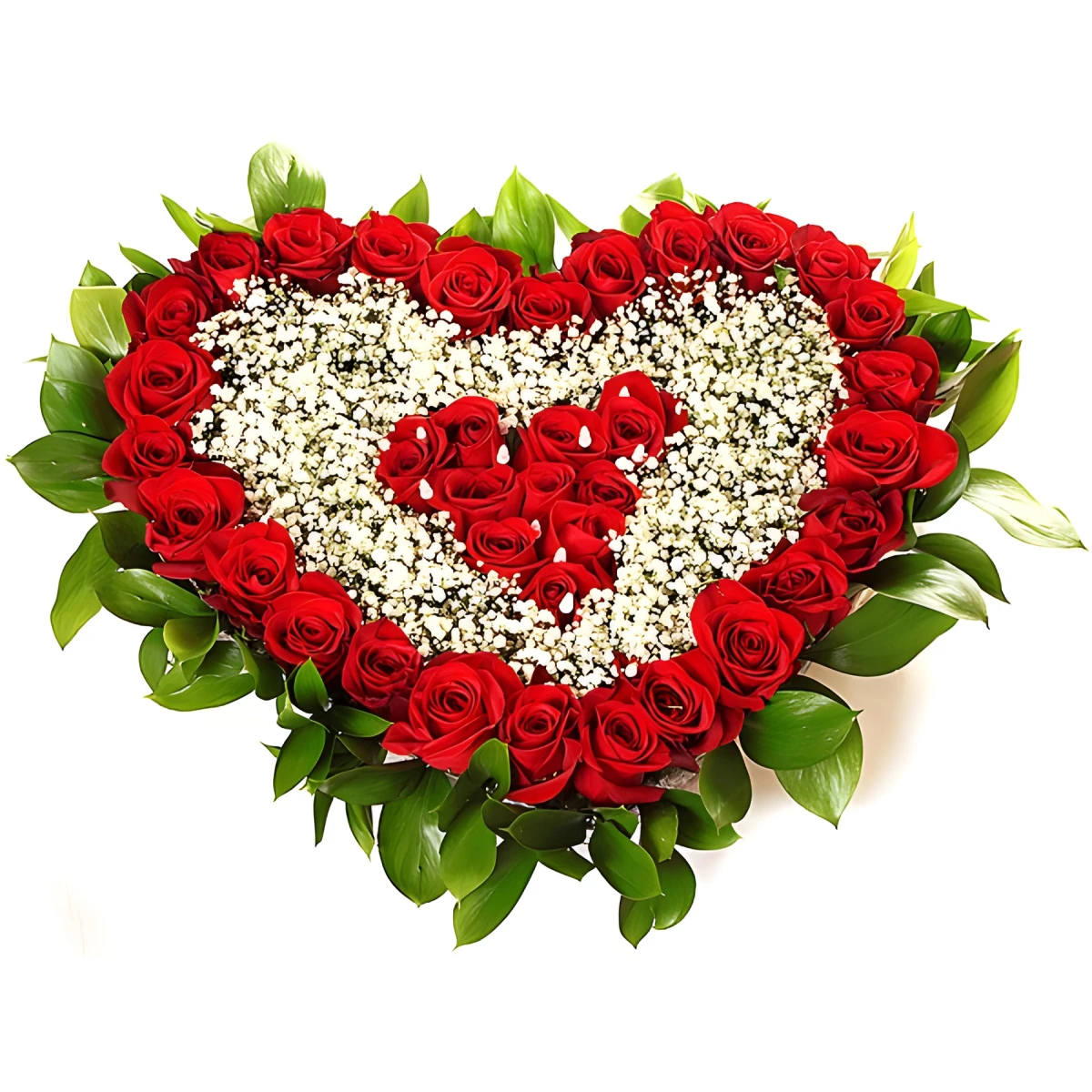 Send heart of roses and gypsophila by courier