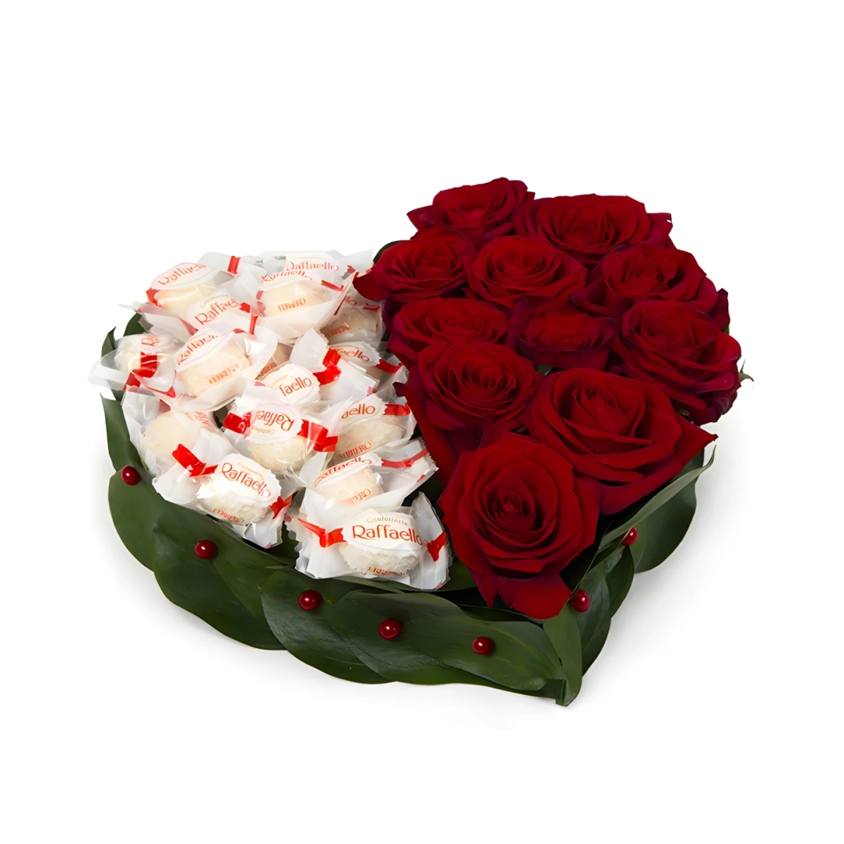 Send heart of roses and Raffaello chocolates