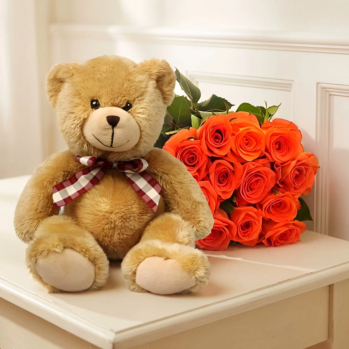 Send  a Teddy Bear and a bouquet of roses to Burgas