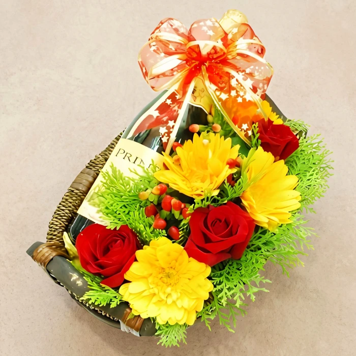 Gift Basket: Red Roses, Yellow Gerberas & Red Wine