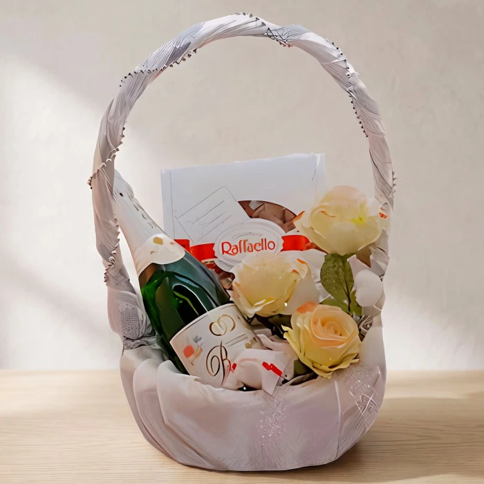 White Satin Wedding Gift Basket with Flowers | Delivery